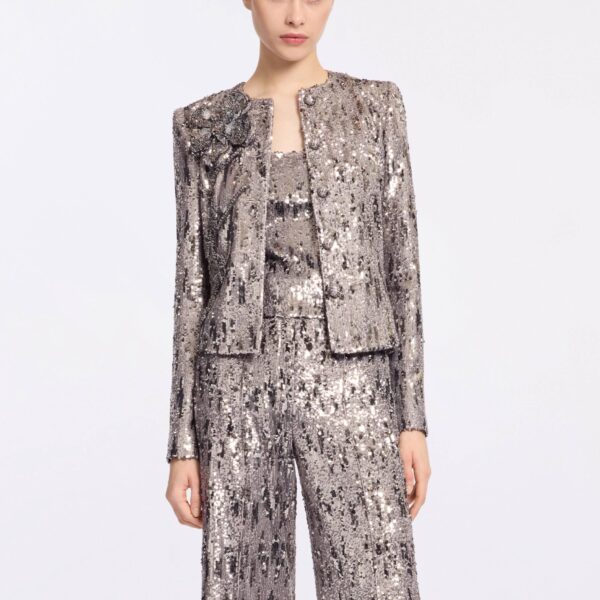 Elie Saab Embellished Sequins Jacket in Silver featuring Floral Applique on Sequins – Luxury Designer Fashion at Luxury Shoes .