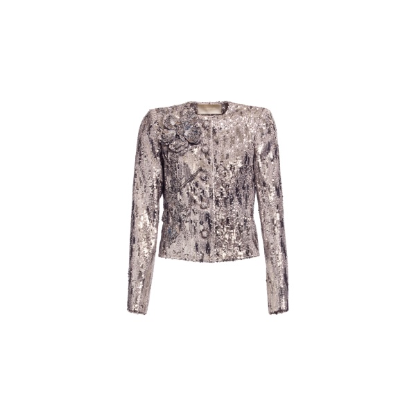 Elie Saab Embellished Sequins Jacket in Silver featuring Floral Applique on Sequins – Luxury Designer Fashion at Luxury Shoes .