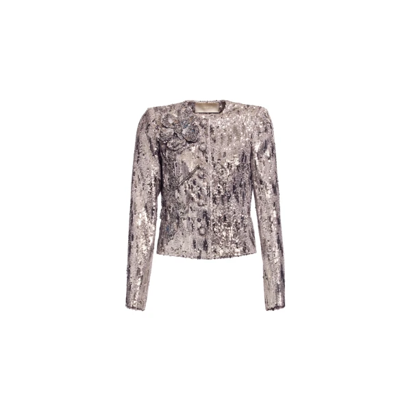 Elie Saab Embellished Sequins Jacket in Silver featuring Floral Applique on Sequins – Luxury Designer Fashion at Luxury Shoes .