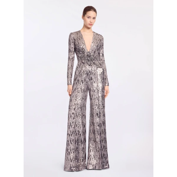 Elie Saab Embellished Sequins Jumpsuit in Silver featuring Floral Applique on Sequins – Luxury Designer Fashion at Luxury Shoes .