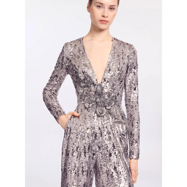 Elie Saab Embellished Sequins Jumpsuit in Silver featuring Floral Applique on Sequins – Luxury Designer Fashion at Luxury Shoes .