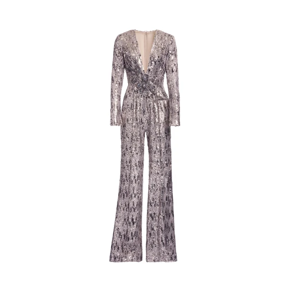 Elie Saab Embellished Sequins Jumpsuit in Silver featuring Floral Applique on Sequins – Luxury Designer Fashion at Luxury Shoes .