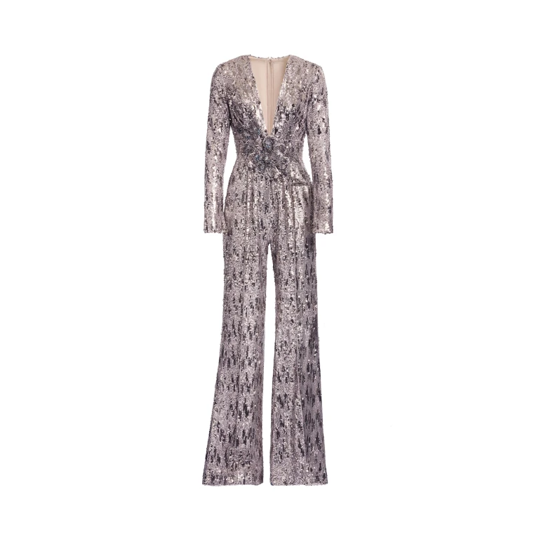Elie Saab Embellished Sequins Jumpsuit in Silver featuring Floral Applique on Sequins – Luxury Designer Fashion at Luxury Shoes .