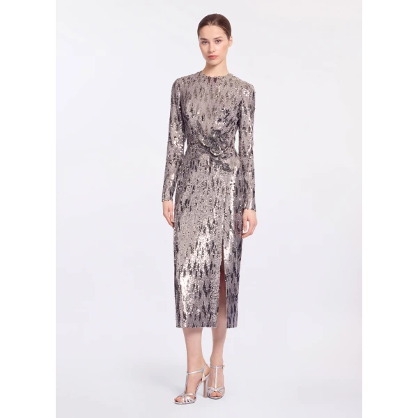 Elie Saab Embellished Sequins Long Dress in Silver featuring Floral Applique on Sequins – Luxury Designer Fashion at Luxury Shoes .