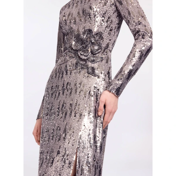 Elie Saab Embellished Sequins Long Dress in Silver featuring Floral Applique on Sequins – Luxury Designer Fashion at Luxury Shoes .