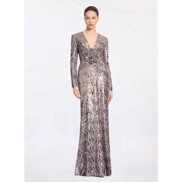 Elie Saab Embellished Sequins Open-Back Dress in Silver featuring Floral Applique on Sequins – Luxury Designer Fashion at Luxury Shoes .