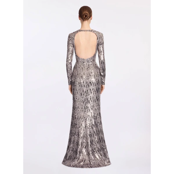 Elie Saab Embellished Sequins Open-Back Dress in Silver featuring Floral Applique on Sequins – Luxury Designer Fashion at Luxury Shoes .