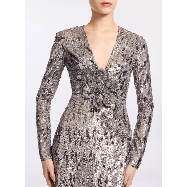 Elie Saab Embellished Sequins Open-Back Dress in Silver featuring Floral Applique on Sequins – Luxury Designer Fashion at Luxury Shoes .