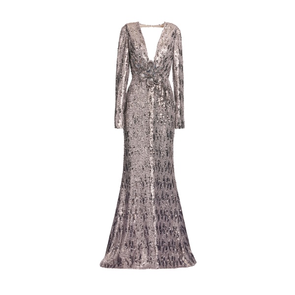 Elie Saab Embellished Sequins Open-Back Dress in Silver featuring Floral Applique on Sequins – Luxury Designer Fashion at Luxury Shoes .