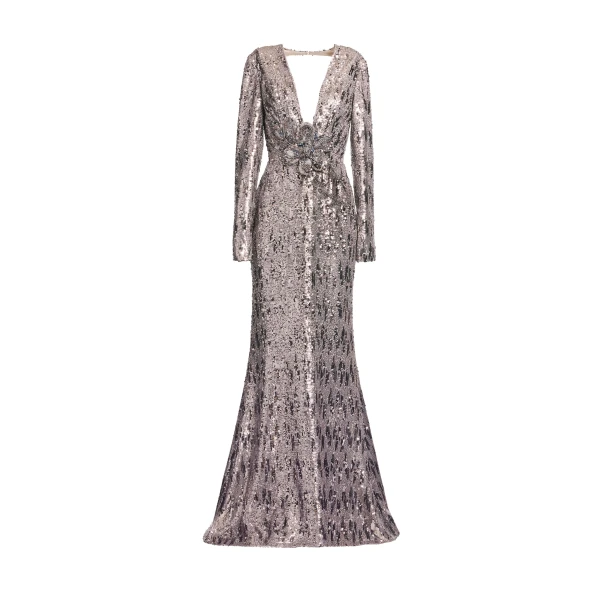 Elie Saab Embellished Sequins Open-Back Dress in Silver featuring Floral Applique on Sequins – Luxury Designer Fashion at Luxury Shoes .