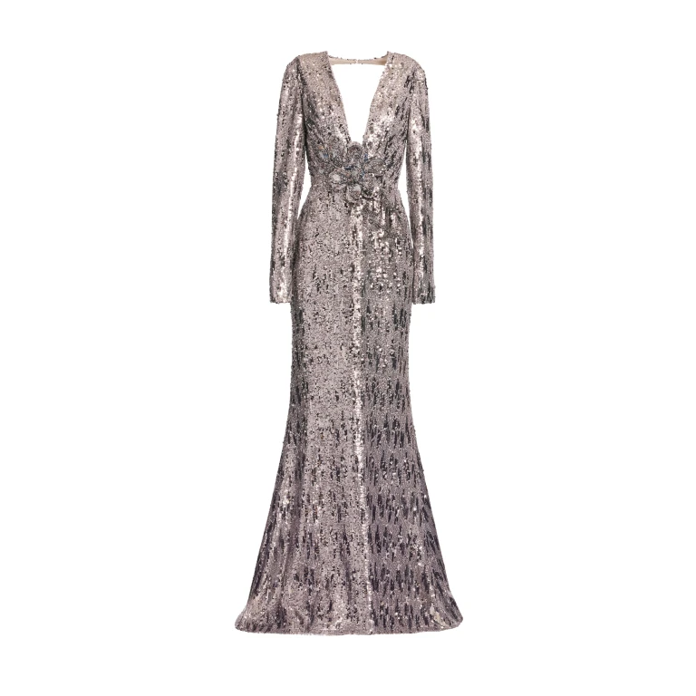 Elie Saab Embellished Sequins Open-Back Dress in Silver featuring Floral Applique on Sequins – Luxury Designer Fashion at Luxury Shoes .
