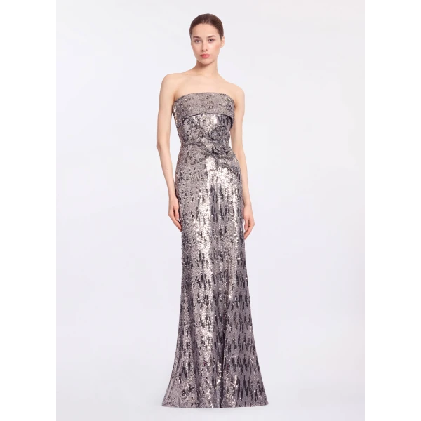 Elie Saab Embellished Sequins Strapless Gown in Silver featuring Floral Applique on Sequins – Luxury Designer Fashion at Luxury Shoes .