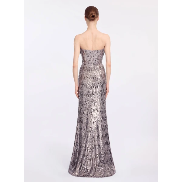 Elie Saab Embellished Sequins Strapless Gown in Silver featuring Floral Applique on Sequins – Luxury Designer Fashion at Luxury Shoes .