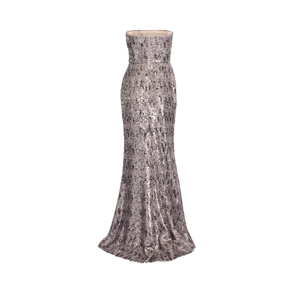 Elie Saab Embellished Sequins Strapless Gown in Silver featuring Floral Applique on Sequins – Luxury Designer Fashion at Luxury Shoes .