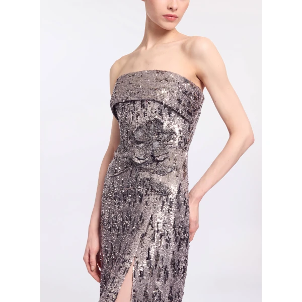 Elie Saab Embellished Sequins Strapless Gown in Silver featuring Floral Applique on Sequins – Luxury Designer Fashion at Luxury Shoes .