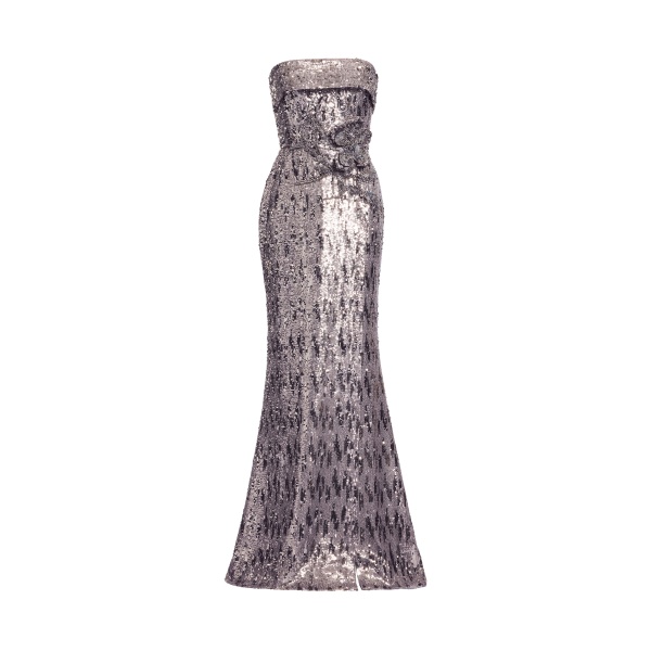 Elie Saab Embellished Sequins Strapless Gown in Silver featuring Floral Applique on Sequins – Luxury Designer Fashion at Luxury Shoes .