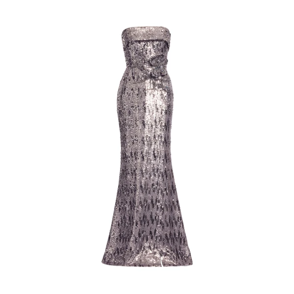 Elie Saab Embellished Sequins Strapless Gown in Silver featuring Floral Applique on Sequins – Luxury Designer Fashion at Luxury Shoes .