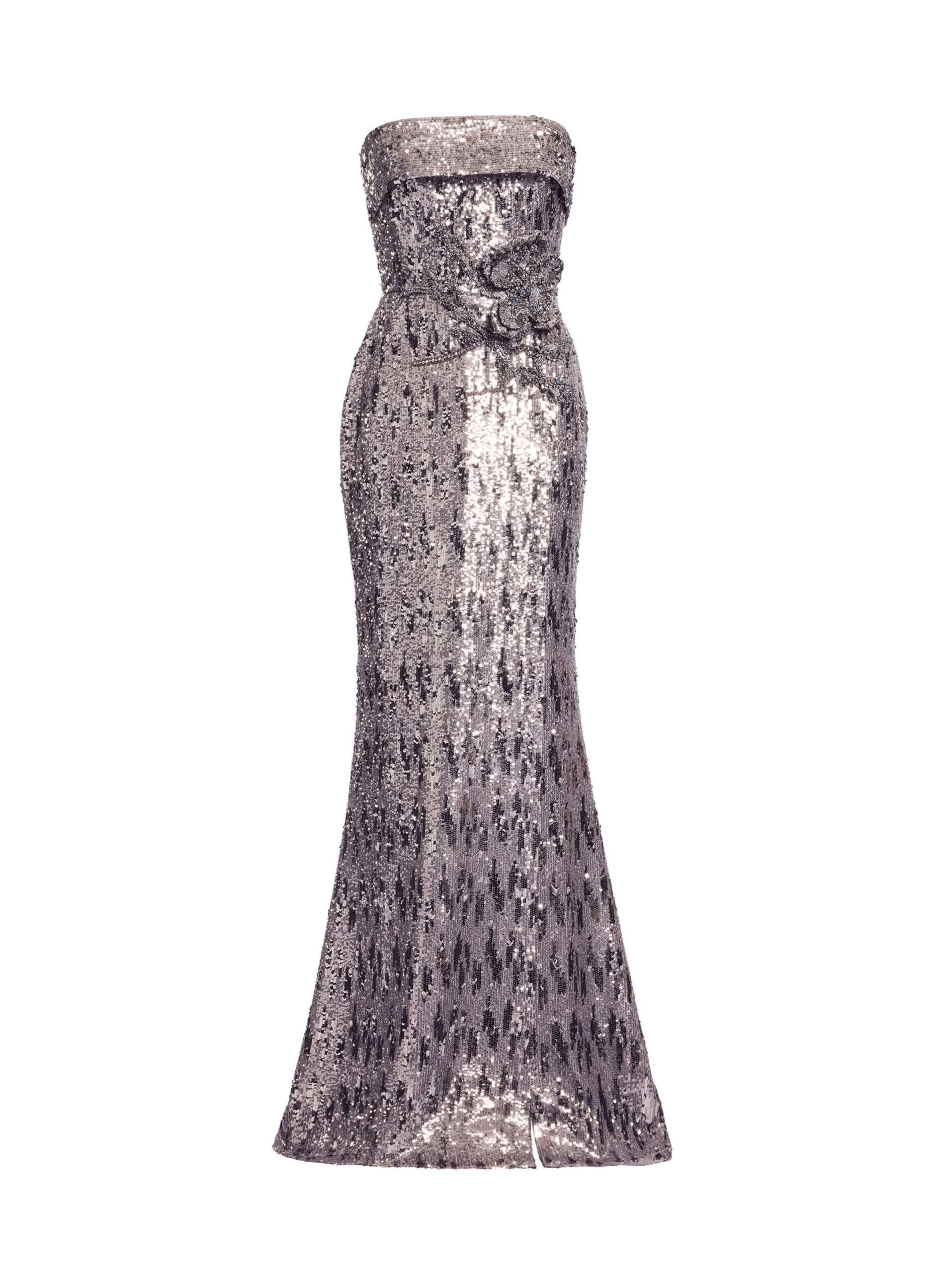 Elie Saab Embellished Sequins Strapless Gown Elie Saab Embellished Sequins Strapless Gown in Silver featuring Floral Applique on Sequins – Luxury Designer Fashion at Luxury Shoes .