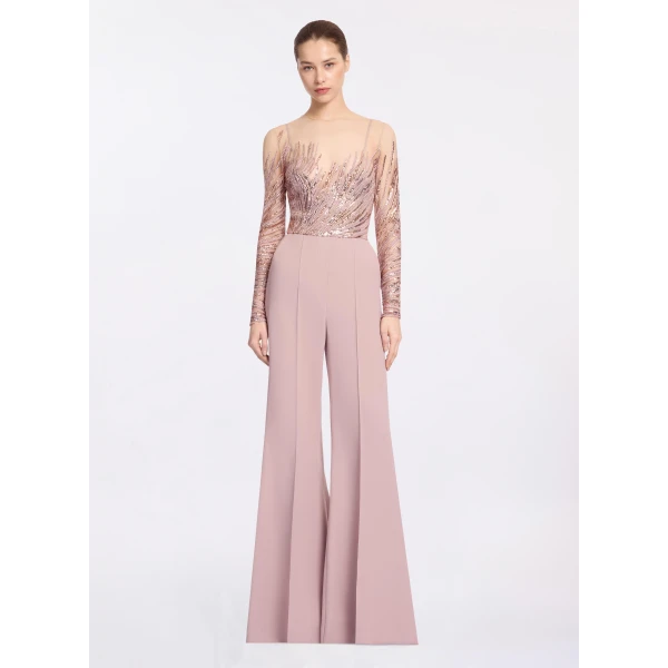 Elie Saab Embroidered Tulle And Cady Jumpsuit in Pink featuring Embroidered Bodice & Long Sleeves – Luxury Designer Fashion at Luxury Shoes .
