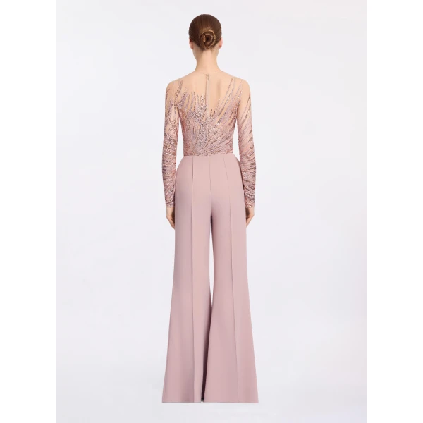 Elie Saab Embroidered Tulle And Cady Jumpsuit in Pink featuring Embroidered Bodice & Long Sleeves – Luxury Designer Fashion at Luxury Shoes .