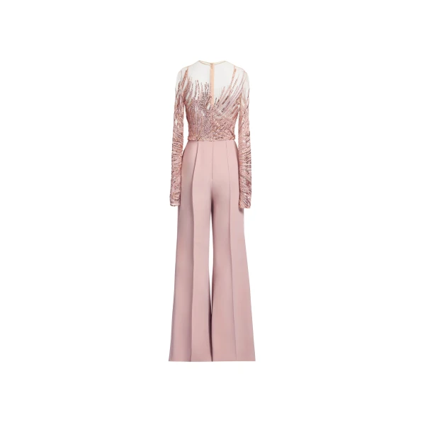 Elie Saab Embroidered Tulle And Cady Jumpsuit in Pink featuring Embroidered Bodice & Long Sleeves – Luxury Designer Fashion at Luxury Shoes .