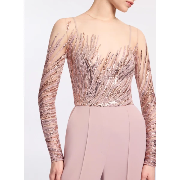 Elie Saab Embroidered Tulle And Cady Jumpsuit in Pink featuring Embroidered Bodice & Long Sleeves – Luxury Designer Fashion at Luxury Shoes .