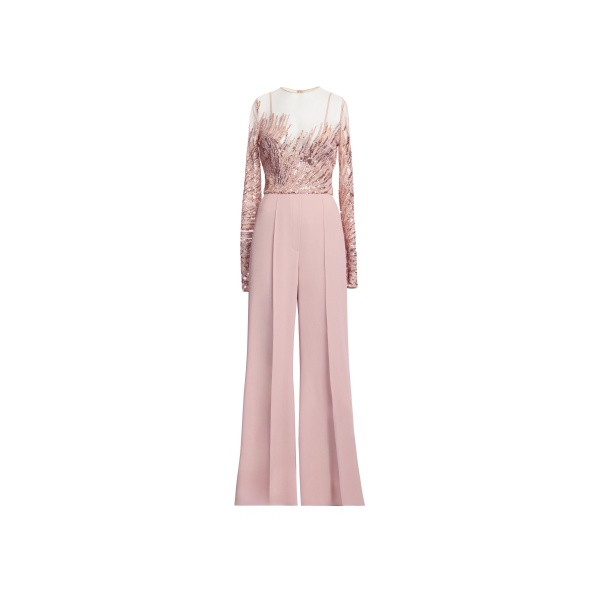Elie Saab Embroidered Tulle And Cady Jumpsuit in Pink featuring Embroidered Bodice & Long Sleeves – Luxury Designer Fashion at Luxury Shoes .