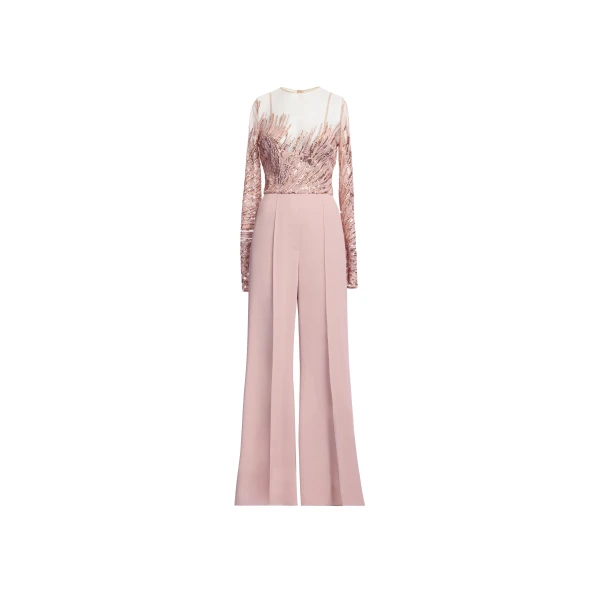 Elie Saab Embroidered Tulle And Cady Jumpsuit in Pink featuring Embroidered Bodice & Long Sleeves – Luxury Designer Fashion at Luxury Shoes .