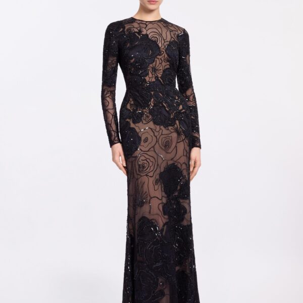 Elie Saab Floral Bead Embroidered Dress in Black featuring Round Neck – Luxury Designer Fashion at Luxury Shoes .