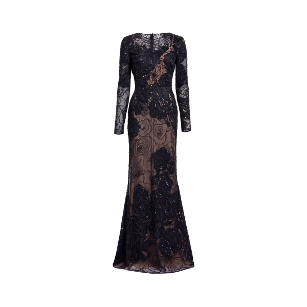 Elie Saab Floral Bead Embroidered Dress in Black featuring Round Neck – Luxury Designer Fashion at Luxury Shoes .