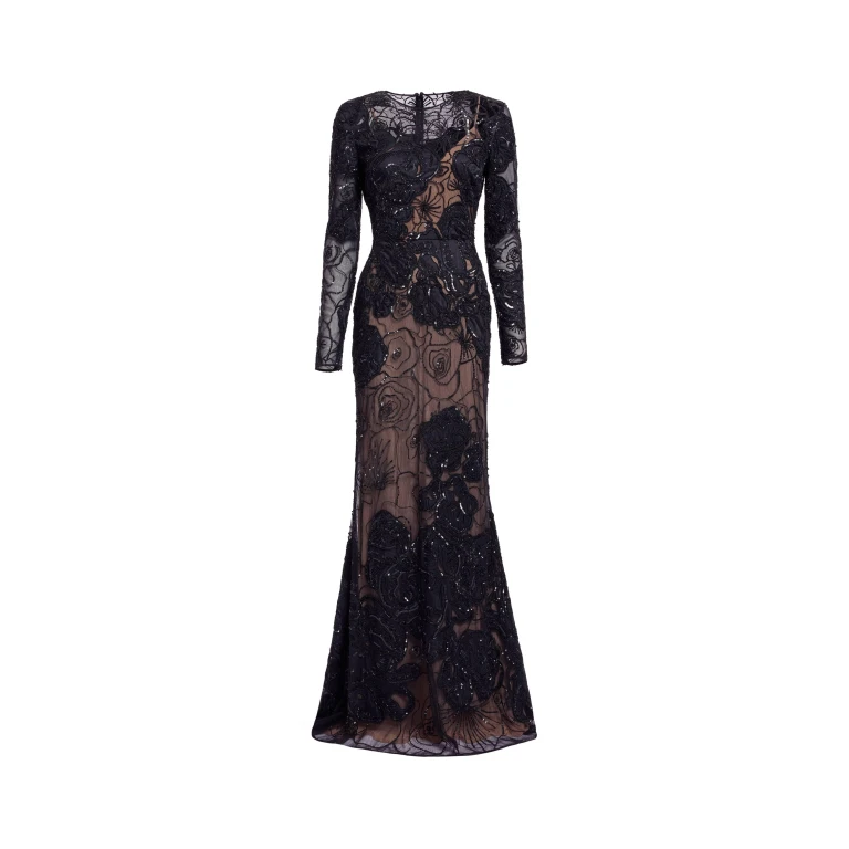 Elie Saab Floral Bead Embroidered Dress in Black featuring Round Neck – Luxury Designer Fashion at Luxury Shoes .