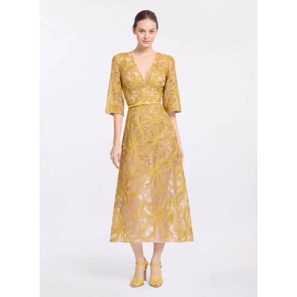 Elie Saab Floral Embroidered Midi Dress in Yellow featuring Floral Yarn Embroidery – Luxury Designer Fashion at Luxury Shoes .