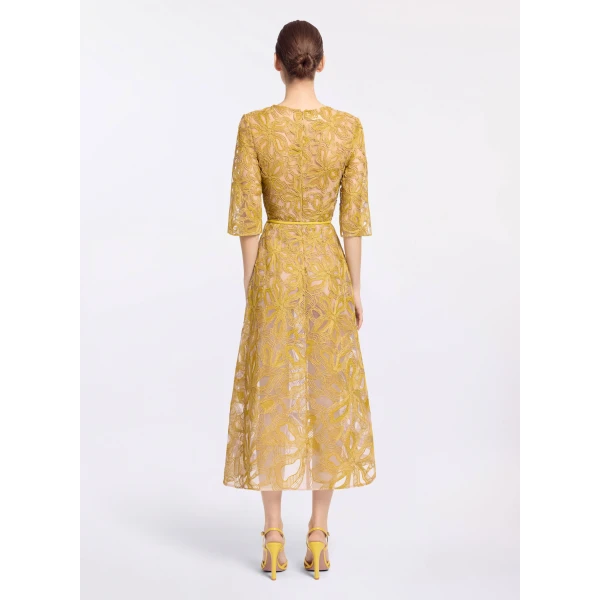 Elie Saab Floral Embroidered Midi Dress in Yellow featuring Floral Yarn Embroidery – Luxury Designer Fashion at Luxury Shoes .