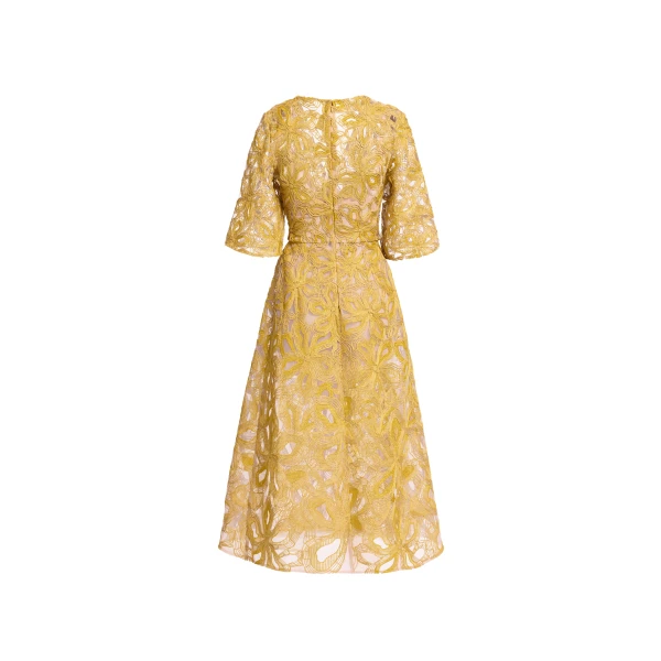 Elie Saab Floral Embroidered Midi Dress in Yellow featuring Floral Yarn Embroidery – Luxury Designer Fashion at Luxury Shoes .