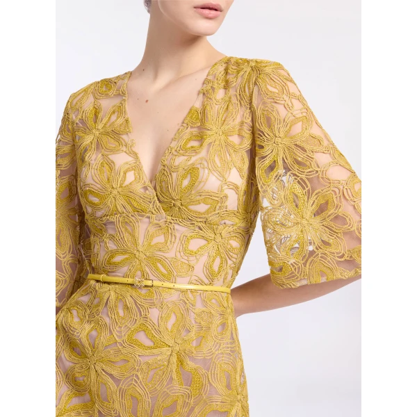 Elie Saab Floral Embroidered Midi Dress in Yellow featuring Floral Yarn Embroidery – Luxury Designer Fashion at Luxury Shoes .