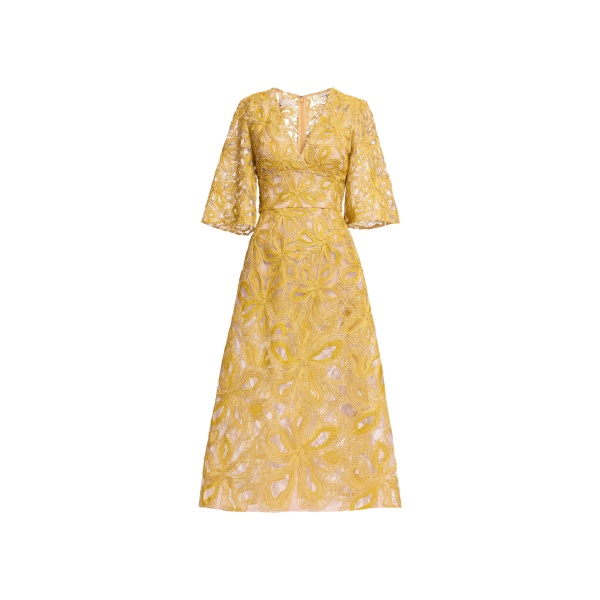 Elie Saab Floral Embroidered Midi Dress in Yellow featuring Floral Yarn Embroidery – Luxury Designer Fashion at Luxury Shoes .