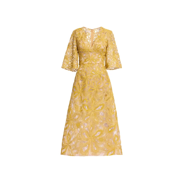 Elie Saab Floral Embroidered Midi Dress in Yellow featuring Floral Yarn Embroidery – Luxury Designer Fashion at Luxury Shoes .
