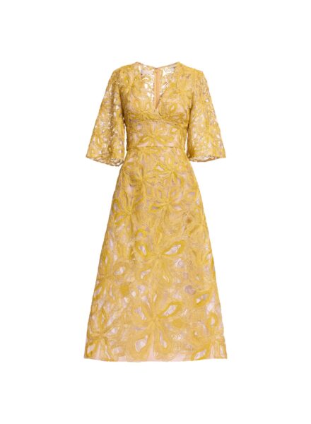 Elie Saab Floral Embroidered Midi Dress in Yellow featuring Floral Yarn Embroidery – Luxury Designer Fashion at Luxury Shoes .