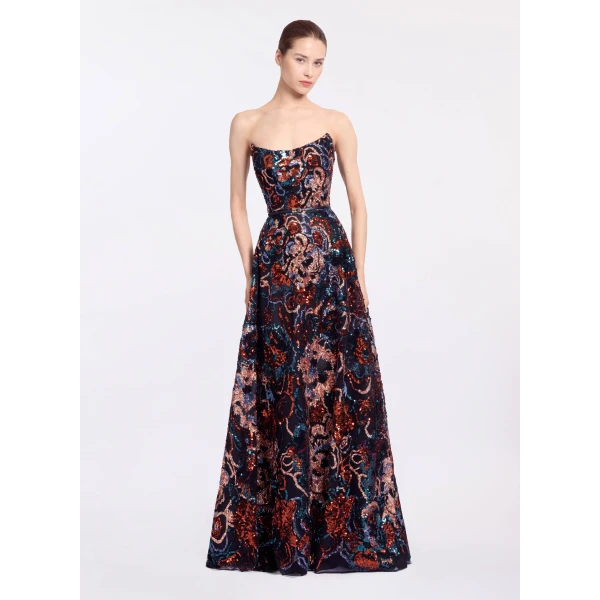 Elie Saab Floral Embroidered Sequin Gown in Multicolour featuring Strapless Corset Bodice – Luxury Designer Fashion at Luxury Shoes .