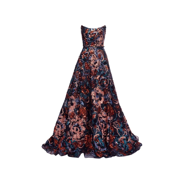 Elie Saab Floral Embroidered Sequin Gown in Multicolour featuring Strapless Corset Bodice – Luxury Designer Fashion at Luxury Shoes .