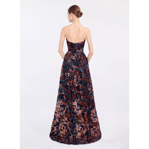 Elie Saab Floral Embroidered Sequin Gown in Multicolour featuring Strapless Corset Bodice – Luxury Designer Fashion at Luxury Shoes .
