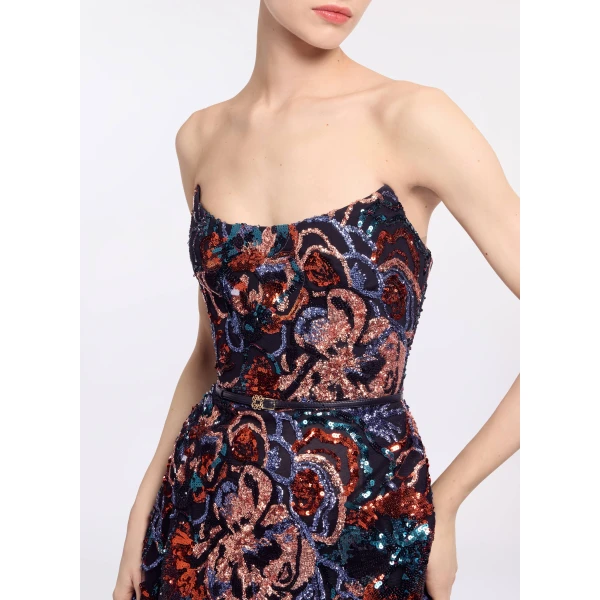 Elie Saab Floral Embroidered Sequin Gown in Multicolour featuring Strapless Corset Bodice – Luxury Designer Fashion at Luxury Shoes .