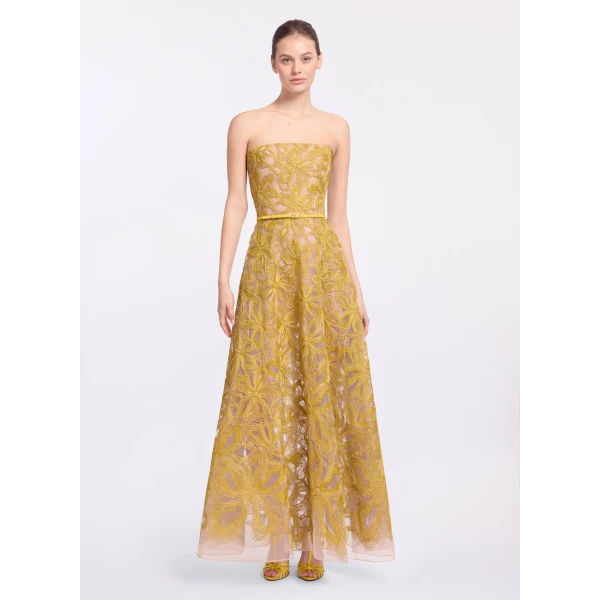 Elie Saab Floral Embroidered Strapless Dress in Yellow featuring Floral Yarn Embroidery – Luxury Designer Fashion at Luxury Shoes .