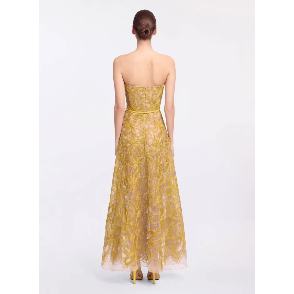 Elie Saab Floral Embroidered Strapless Dress in Yellow featuring Floral Yarn Embroidery – Luxury Designer Fashion at Luxury Shoes .
