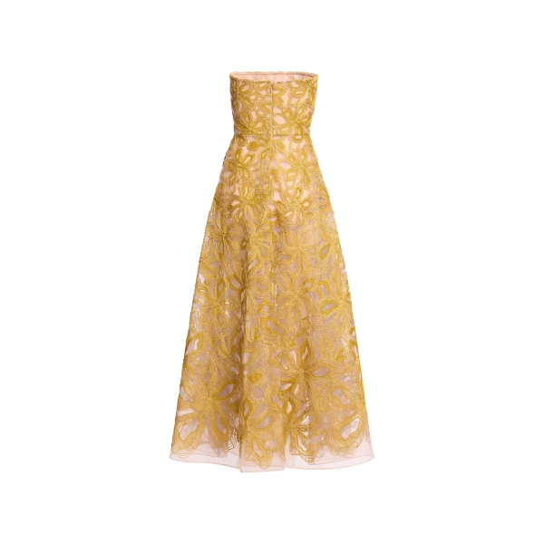 Elie Saab Floral Embroidered Strapless Dress in Yellow featuring Floral Yarn Embroidery – Luxury Designer Fashion at Luxury Shoes .