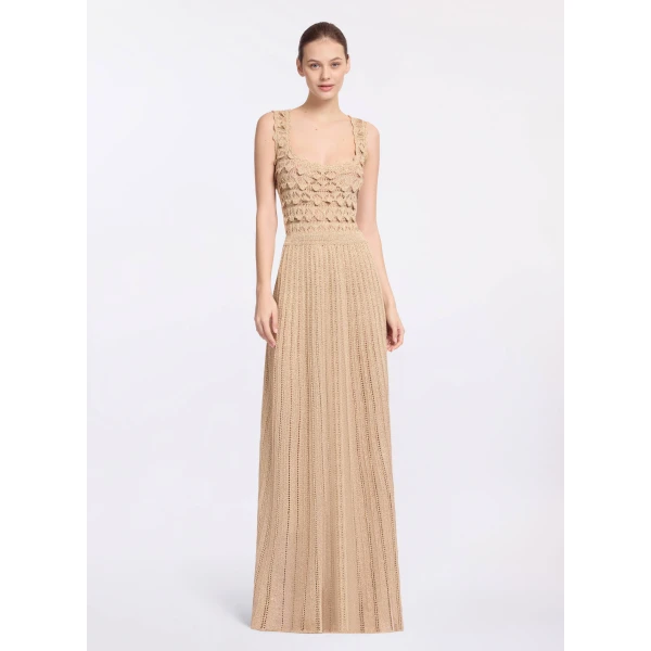 Elie Saab Gold Crochet Dress in Gold featuring Scoop Neck – Luxury Designer Fashion at Luxury Shoes .