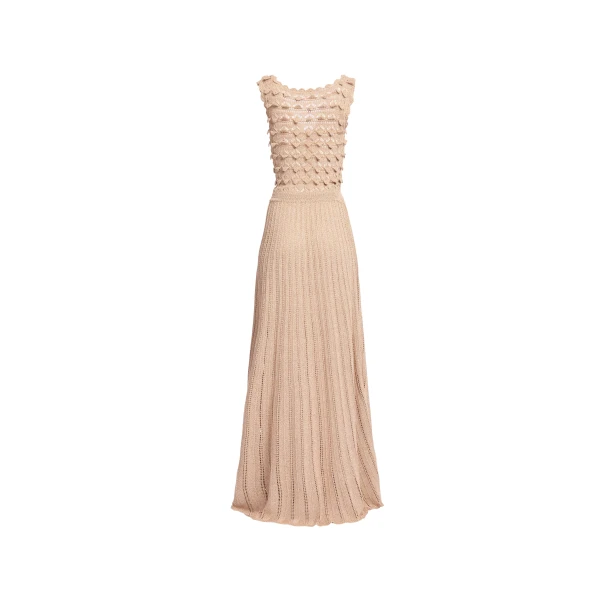 Elie Saab Gold Crochet Dress in Gold featuring Scoop Neck – Luxury Designer Fashion at Luxury Shoes .