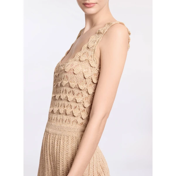 Elie Saab Gold Crochet Dress in Gold featuring Scoop Neck – Luxury Designer Fashion at Luxury Shoes .