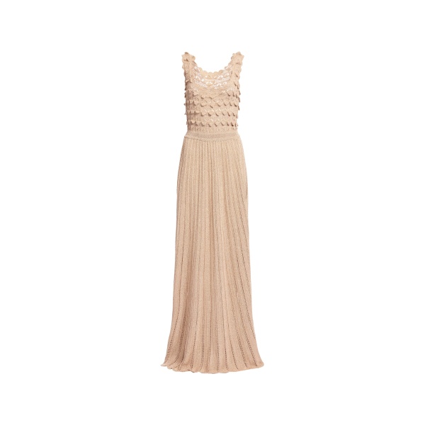 Elie Saab Gold Crochet Dress in Gold featuring Scoop Neck – Luxury Designer Fashion at Luxury Shoes .