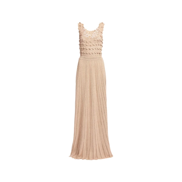 Elie Saab Gold Crochet Dress in Gold featuring Scoop Neck – Luxury Designer Fashion at Luxury Shoes .
